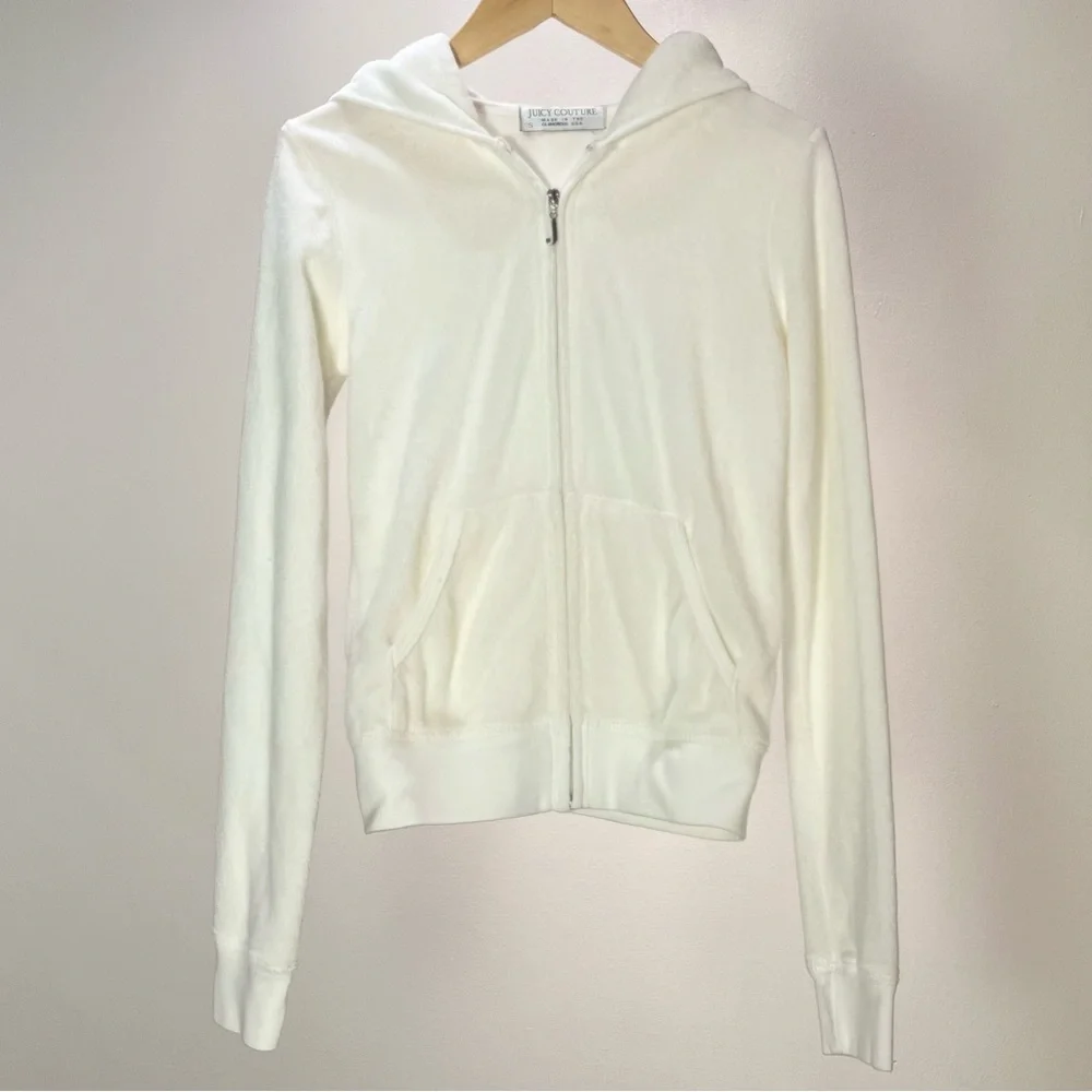 Juicy Couture White Velour Zip Hoodie S Made in USA Y2K Fitted - Picture 1 of 4
